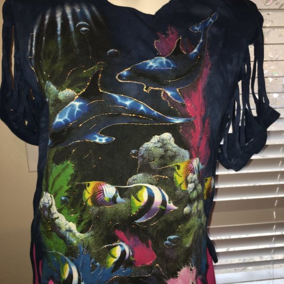 Aquatic Life Sparkled Mountain T Shirt - Whales, Fish Medium - Picture 1 of 2